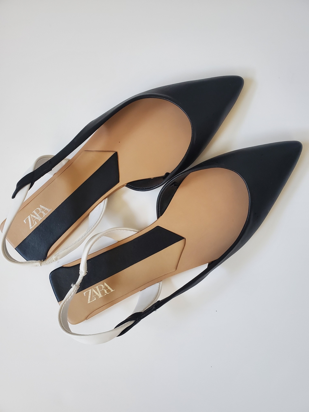 Zara Black Flats with White Slingback Strap